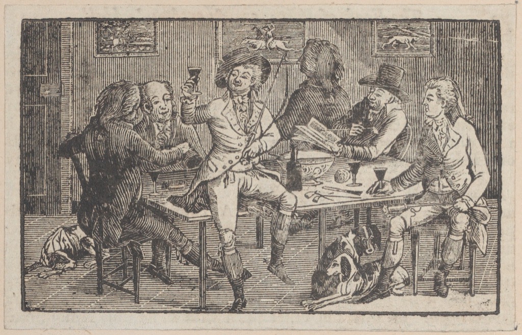 Small wood engraving of hunters, dogs and men gathered around a punch bowl