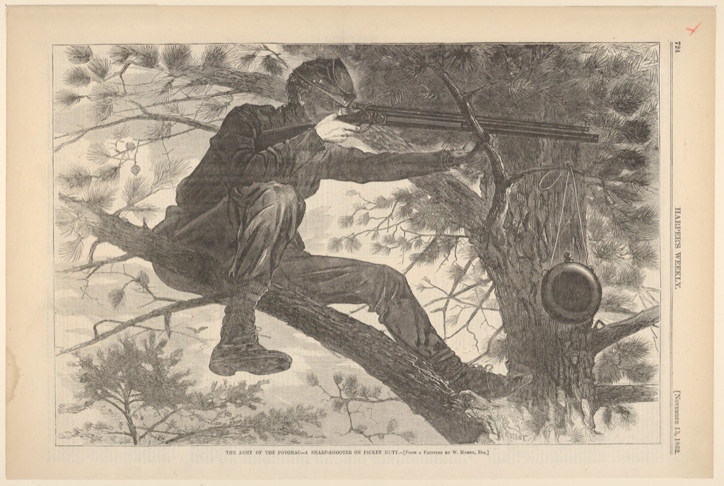 Wood engraving after Winslow Homer of a Union sharpshooter balanced in a pine tree
