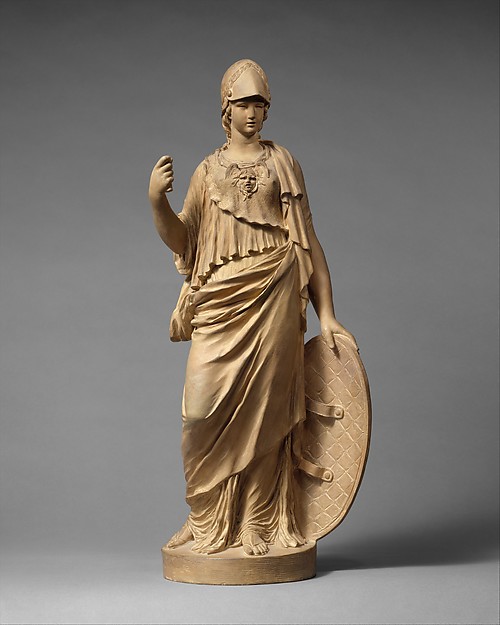 Clodion's terracotta Minerva standing in armour beside an owl and shield.