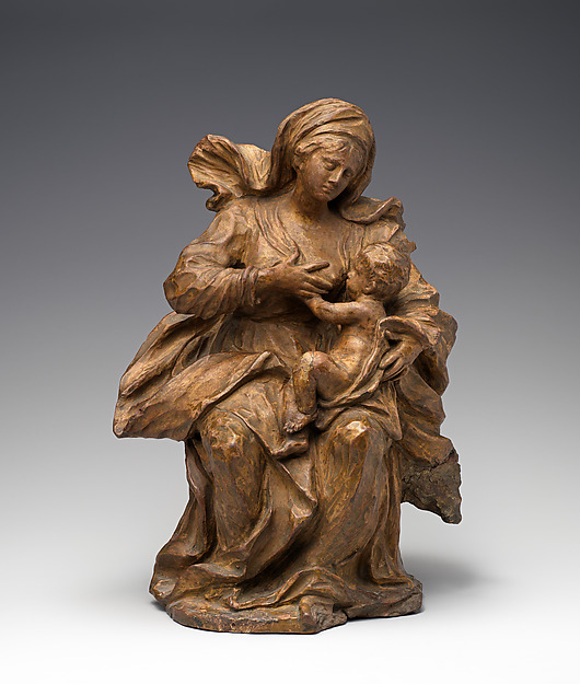 Giuliani's small terracotta bozzetto of the Virgin holding the Christ Child, with metallic patina traces.