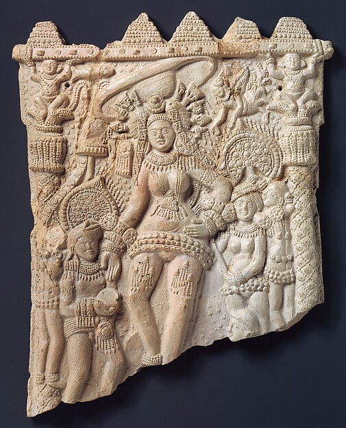 Moulded terracotta plaque-like figure of a richly ornamented probable Sri Lakshmi.