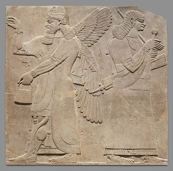 Assyrian gypsum-alabaster relief with a winged protective figure and a courtier carved against a flat ground.