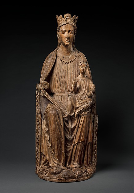 North French oak sculpture of the crowned Virgin and Child with surviving traces of painted colour.