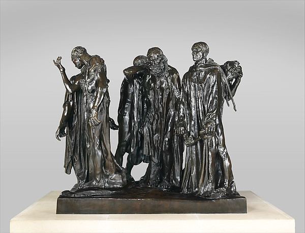 Rodin bronze group of six standing Burghers of Calais seen as separate figures sharing a low base.