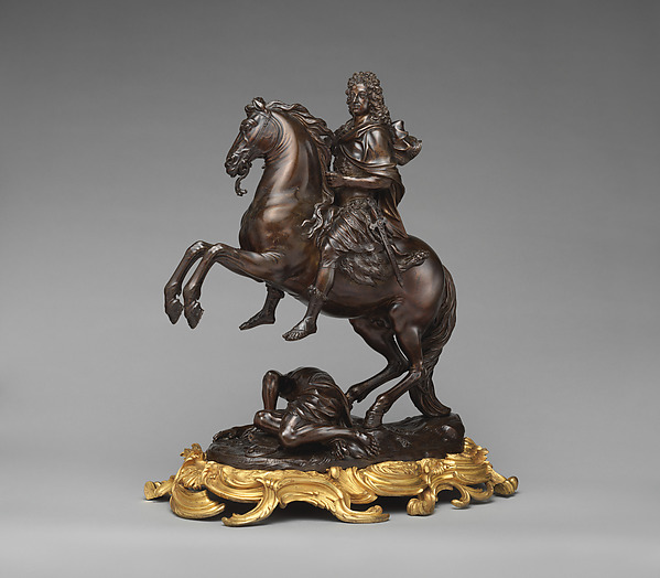 Bronze equestrian group of Maximilian II Emanuel on a rearing horse above a fallen figure.