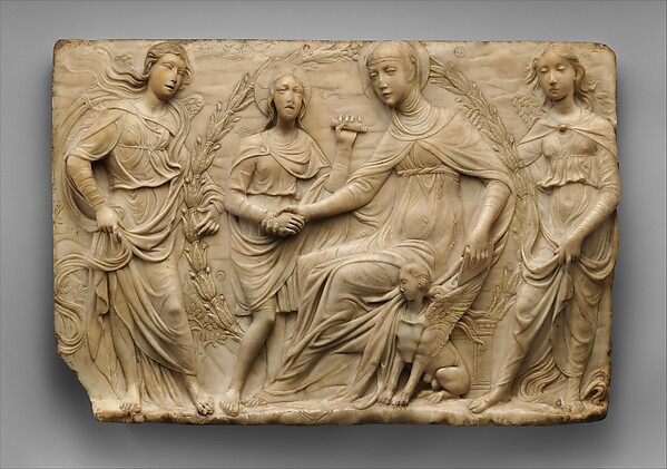 Shallow marble relief of Saint Bridget kneeling before Christ, with linear drapery and architecture.