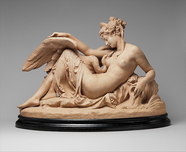 Cast terracotta figure of Leda turning towards a swan beside her.