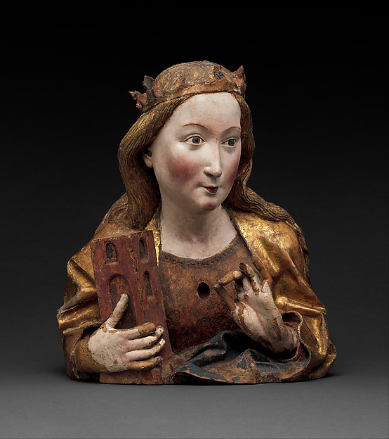 Walnut reliquary bust of Saint Barbara with surviving paint and gilding.