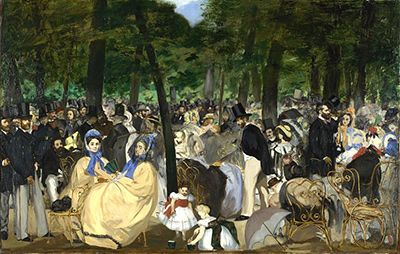 Manet's crowded Music in the Tuileries Gardens built from interlocking dark masses and light direct touches.