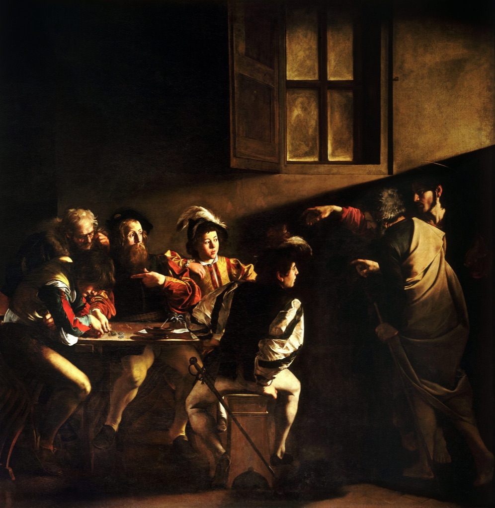 Caravaggio's Calling of Saint Matthew organised by a diagonal beam across darkness.