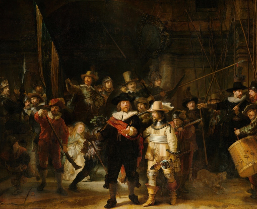 Rembrandt's Night Watch with selected figures and gestures emerging through changing light.