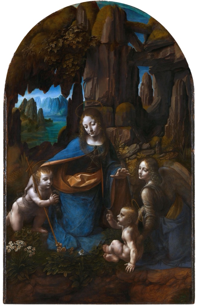 Leonardo's Virgin of the Rocks with modelled figures emerging from the shadowed grotto.