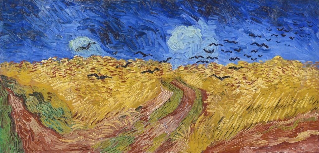 Van Gogh wheatfield with separated but heavily loaded directional strokes, an impasto counterexample.