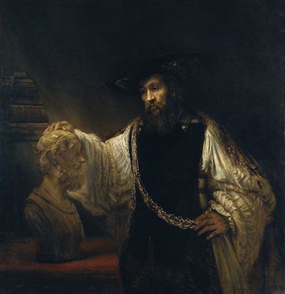 Rembrandt's Aristotle with deep dark passages beside raised highlights on face, sleeve and gold chain.