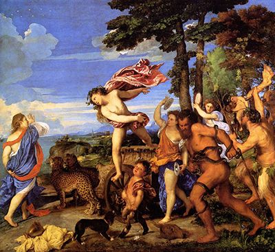 Titian's Bacchus and Ariadne with saturated blue sky and brilliant layered colours.
