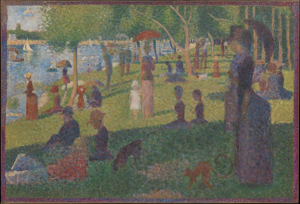 Seurat oil study of figures beside a river built from small separated strokes and touches.