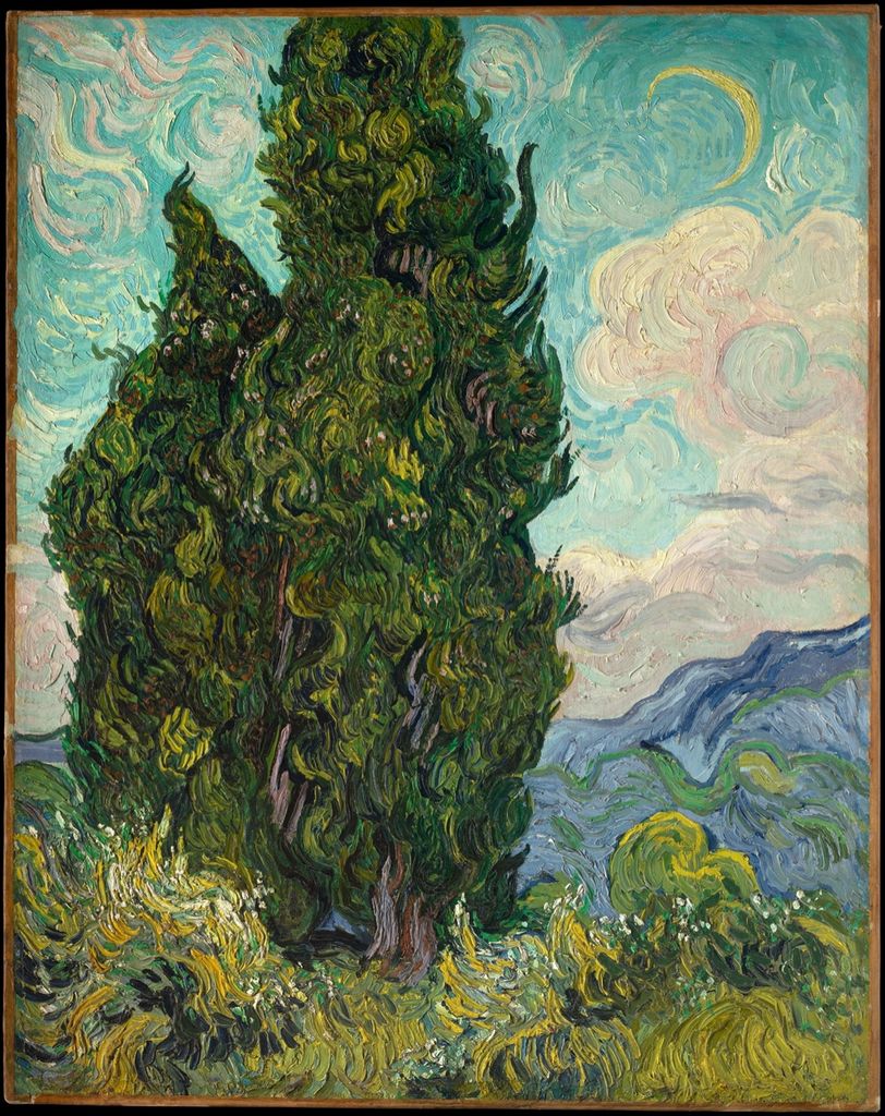 Vincent van Gogh's Cypresses built from thick curling directional paint.