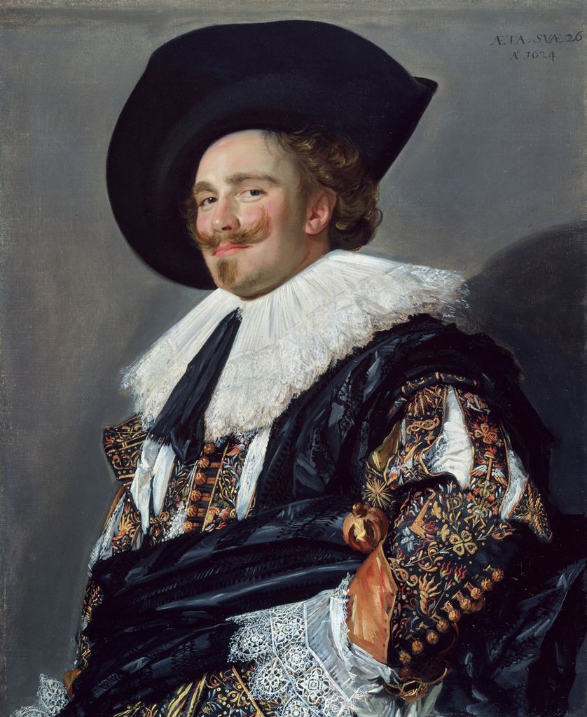 Frans Hals portrait with animated hair, moustache, lace and embroidered costume highlights.