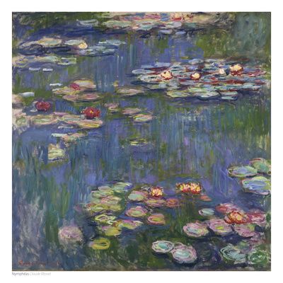 Monet water lilies with broken pale lavender, blue, green and white across darker water.