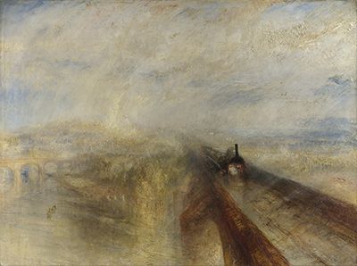 Turner's locomotive emerging through broken pale veils of rain, steam and golden light.