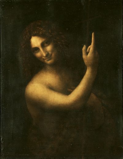 Leonardo's Saint John the Baptist emerging gradually from a nearly black background.