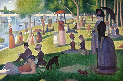 Seurat's large park scene built from organised fields of small separated colour touches.