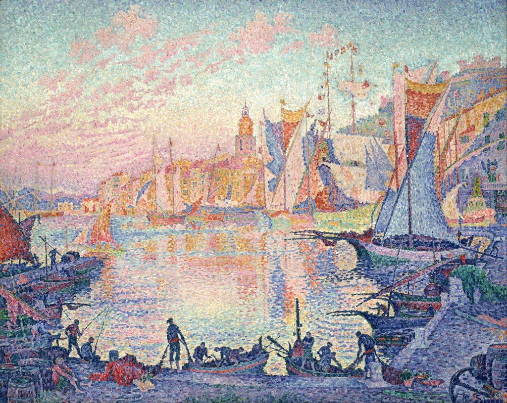 Signac harbour formed from enlarged separated pink, blue, orange and violet touches.
