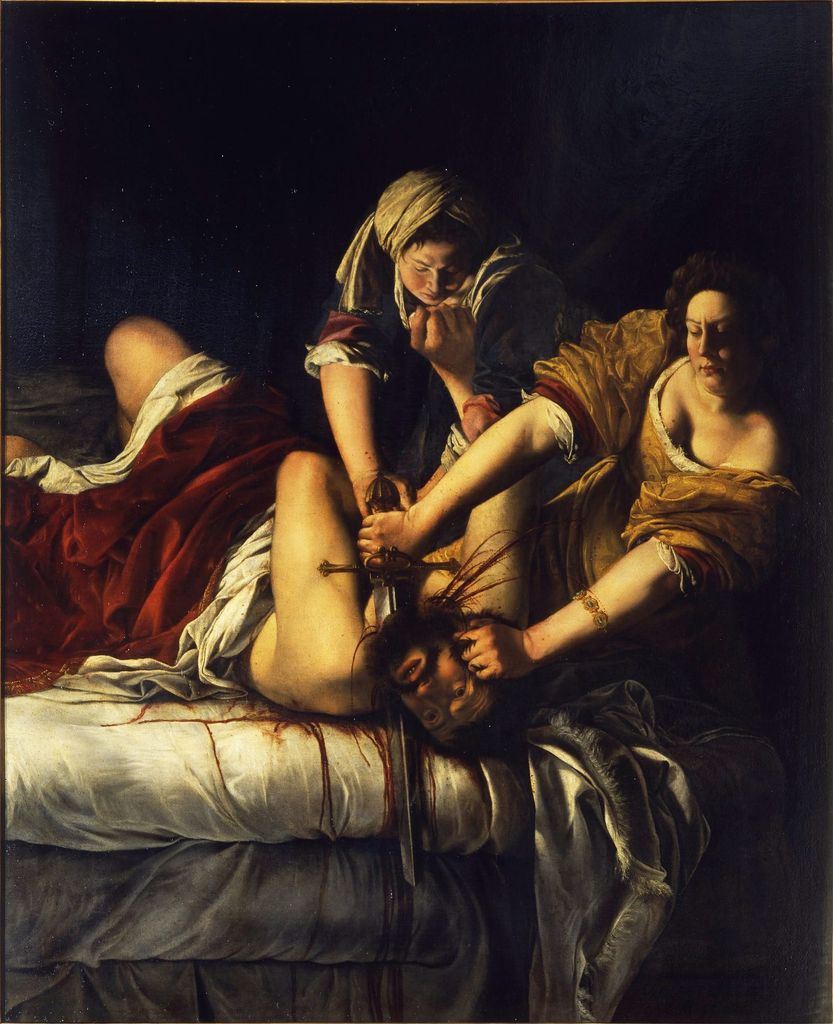 Artemisia Gentileschi's Judith and Abra illuminated against deep darkness as they kill Holofernes.