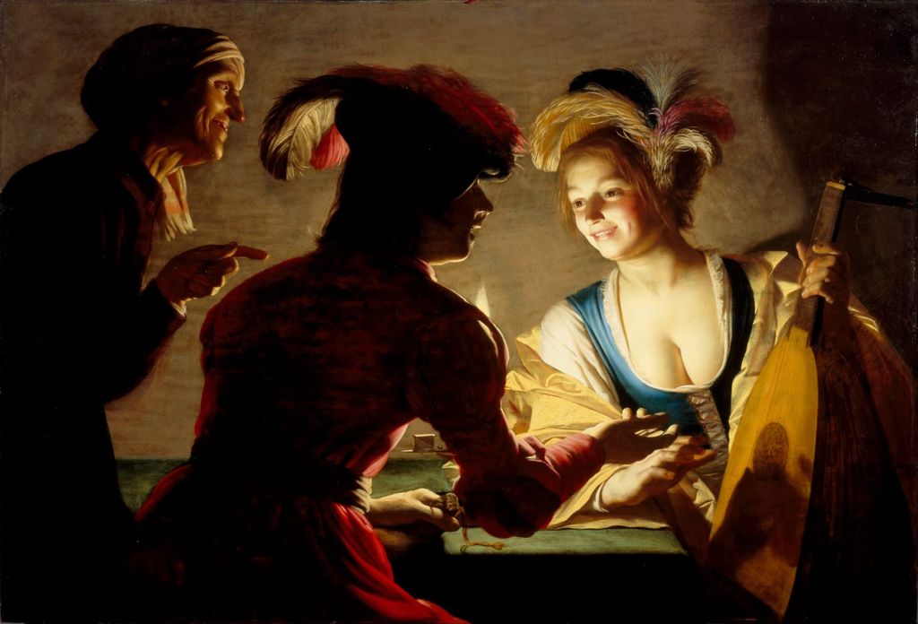 Honthorst's Matchmaker with faces gathered around a partly concealed candle.
