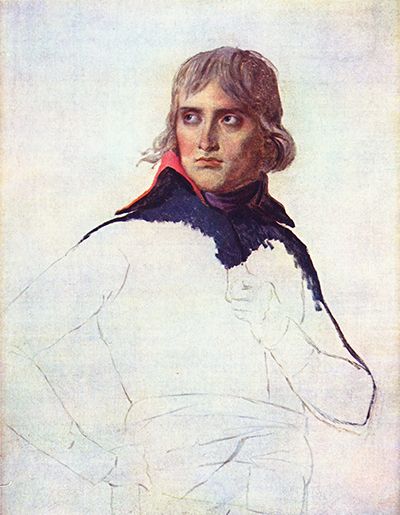 David's unfinished portrait of Bonaparte with a developed face above broadly laid-in body and background.