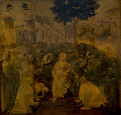 Leonardo's unfinished Adoration of the Magi showing drawing, brown modelling and unequally advanced forms.