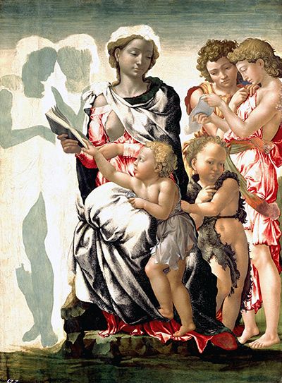 Michelangelo's unfinished Manchester Madonna with developed central figures and incomplete angels.
