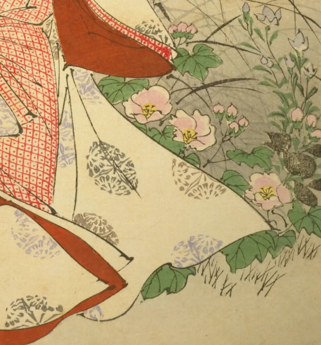 足元の花と草が人物の進む空間を埋める。