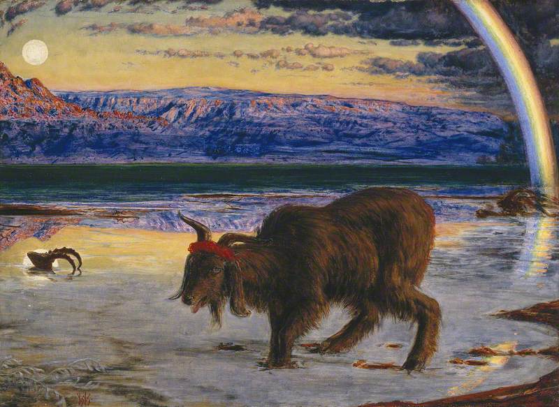 The smaller Manchester Scapegoat: a dark goat on the shore beneath a rainbow